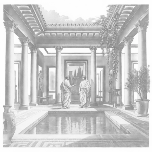 Gravure d'un atrium romain, deux personnages en discussion